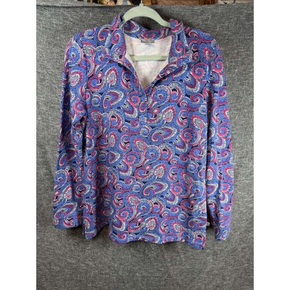 T by Talbots Pink Blue Paisley 3 Button V Neck Long Sleeve Pullover Top L Collar
